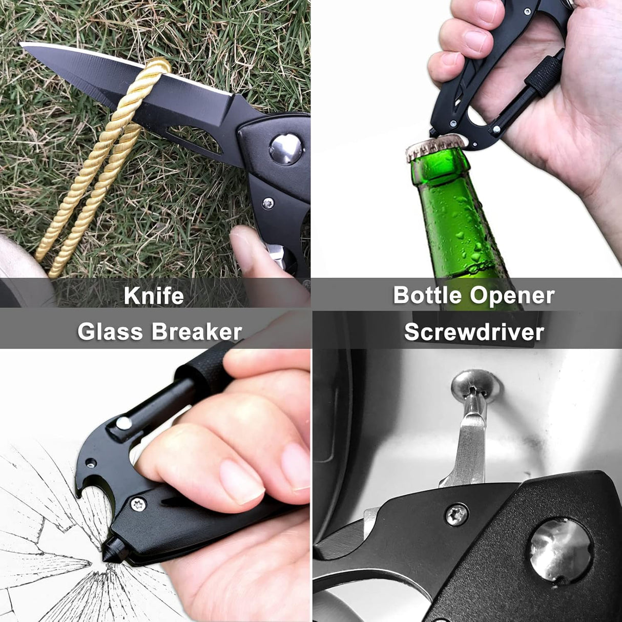 Mosquetón multiherramienta con cuchillo de bolsillo plegable