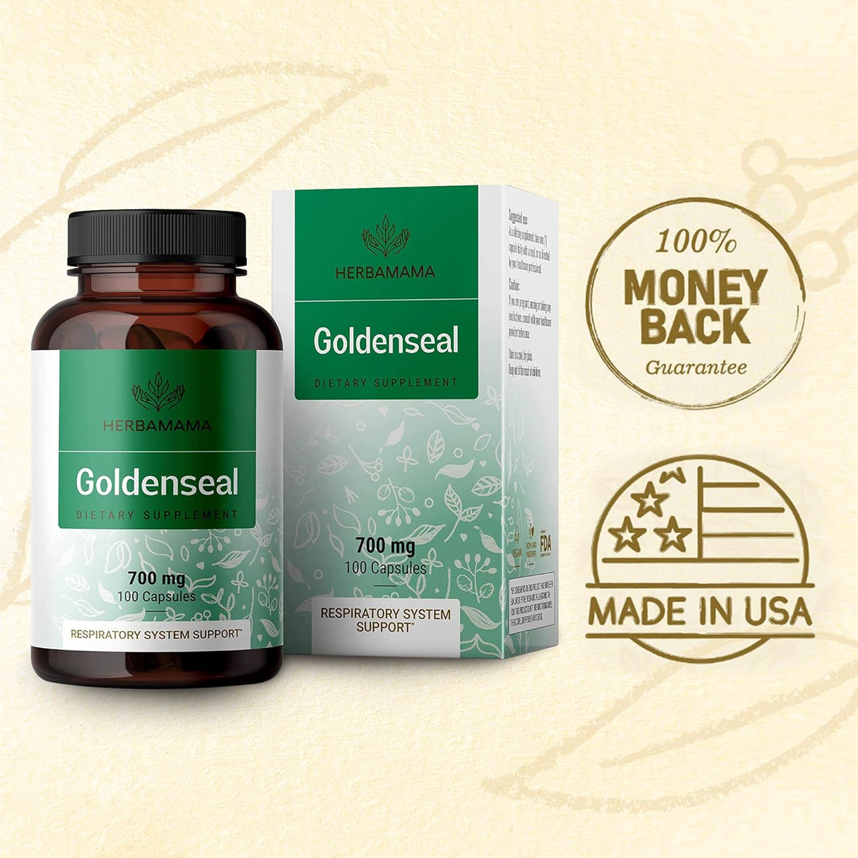 Suplemento de raíz Goldenseal  Pastillas orgánicas 100 cáp