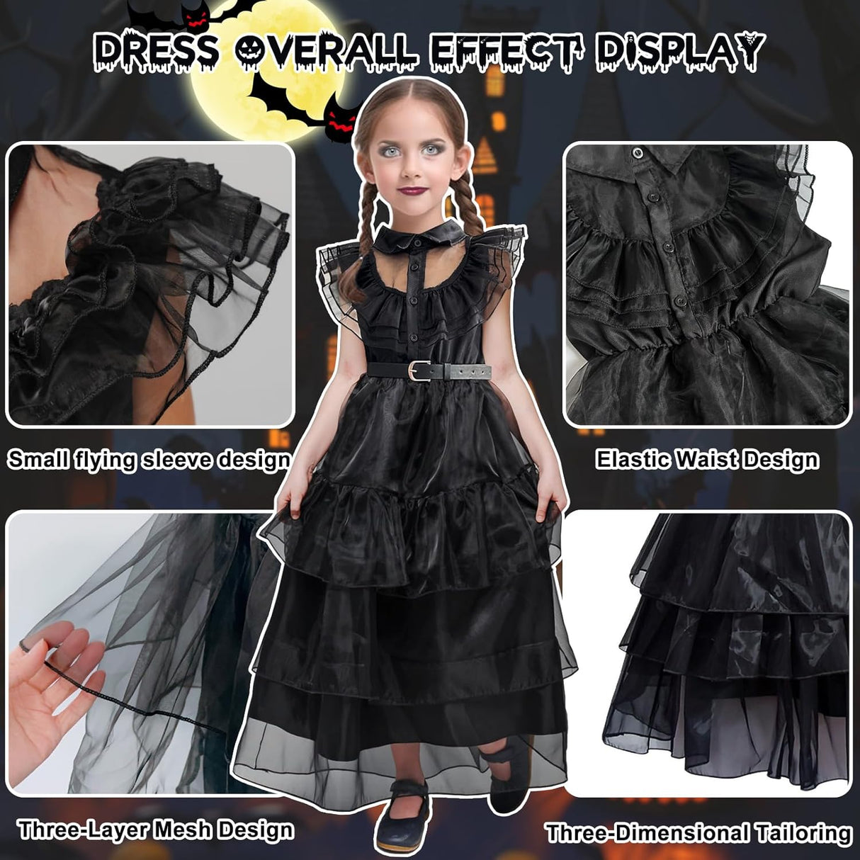 Disfraz de Halloween para niñas, incluye vestido, peluca y calcetas