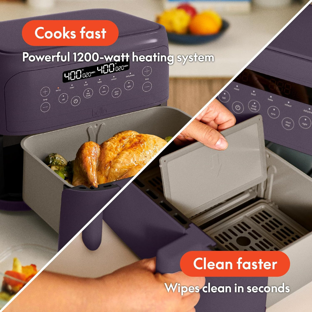 Freidora de aire Bella 4 Qt, 1200W, 2 cestas, pantalla táctil