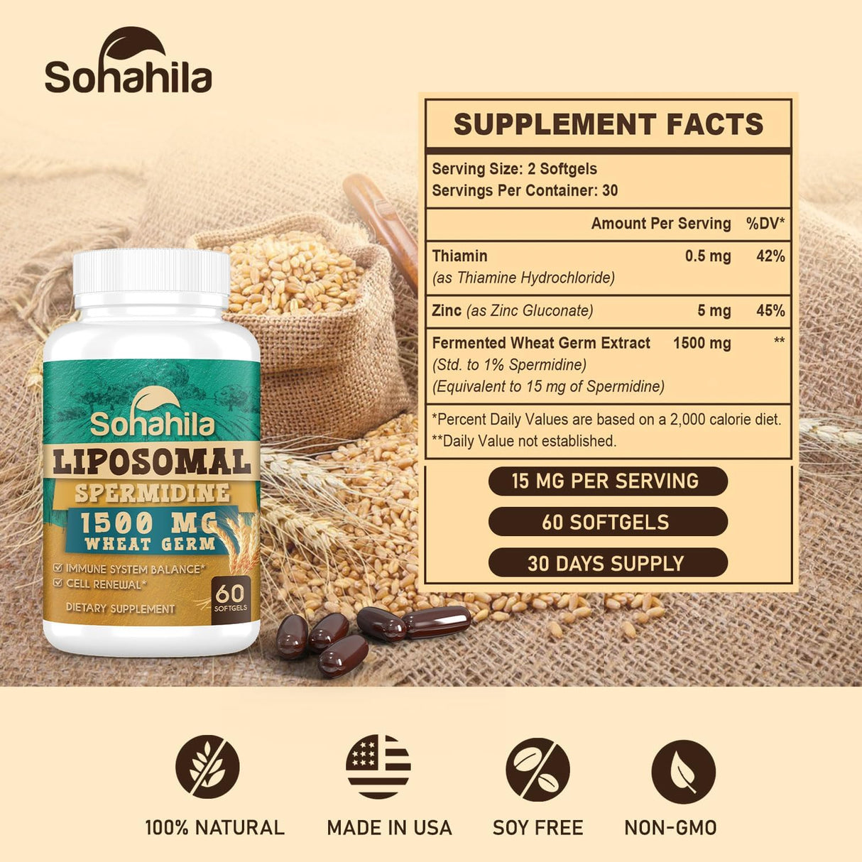 Suplemento de Espermidina 15 mg - Alta Absorción, 120 Cápsulas