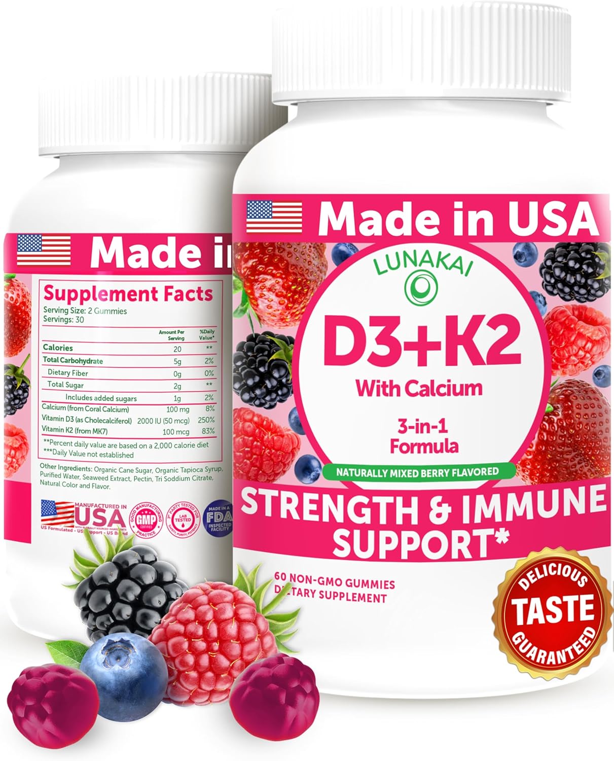 Lunakai Vitamina D3 K2 Gummies con Calcio Vegan 60ct