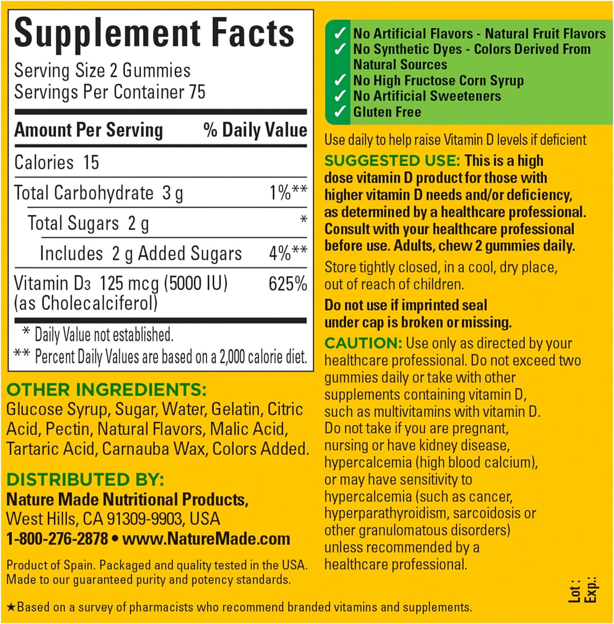 Suplemento Vitamina D3 extra fuerte 5000 IU 125mcg 150 gomit
