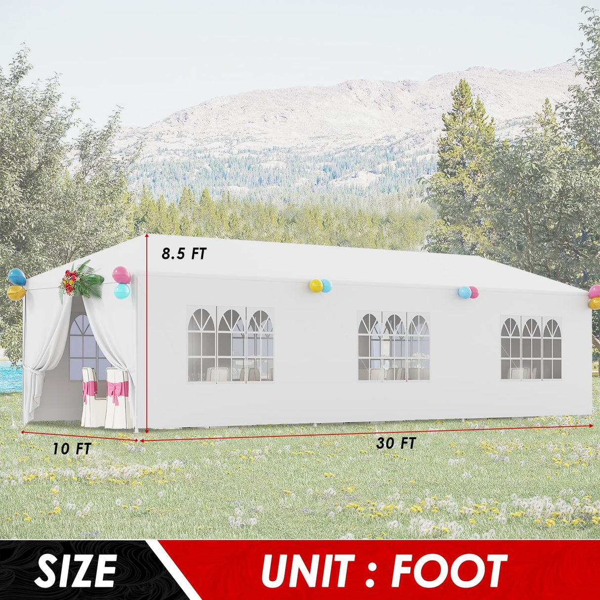 Carpa de fiesta 10x30 con 8 paredes removibles y toldo
