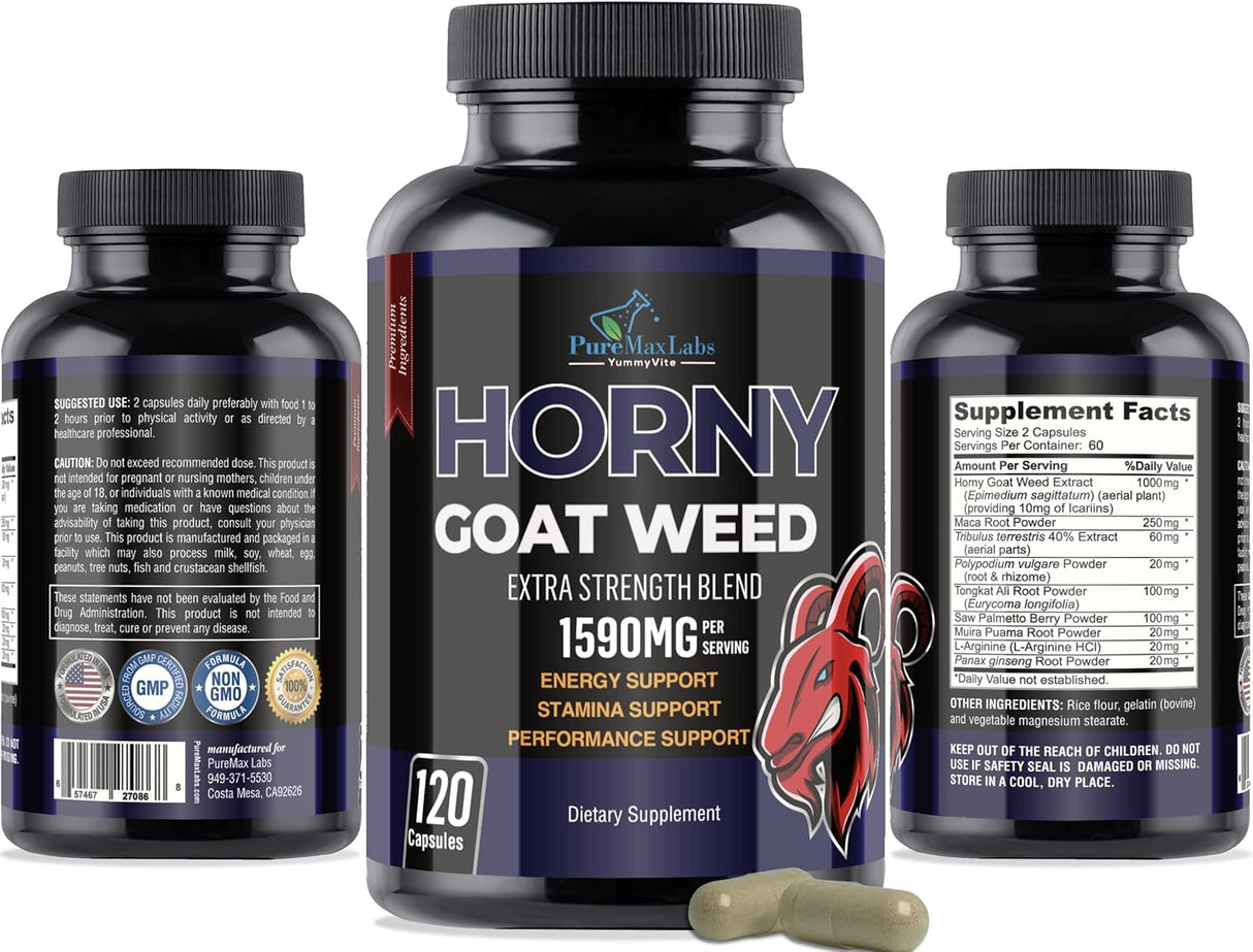 Suplemento Horny Goat Weed con maca, L-arginina 120 cápsulas