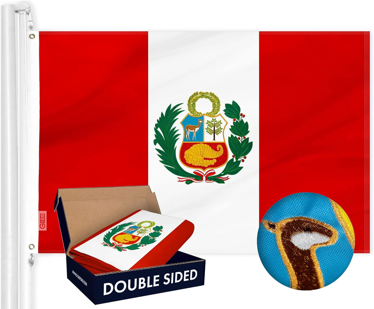 G128 Bandera peruana de Perú | 3 x 5 pies | Serie Double ToughWeave poliéster 210D bordado de doble cara | Bandera de campo, diseño bordado, interior/exterior, ojales de latón, resistente, 2 capas