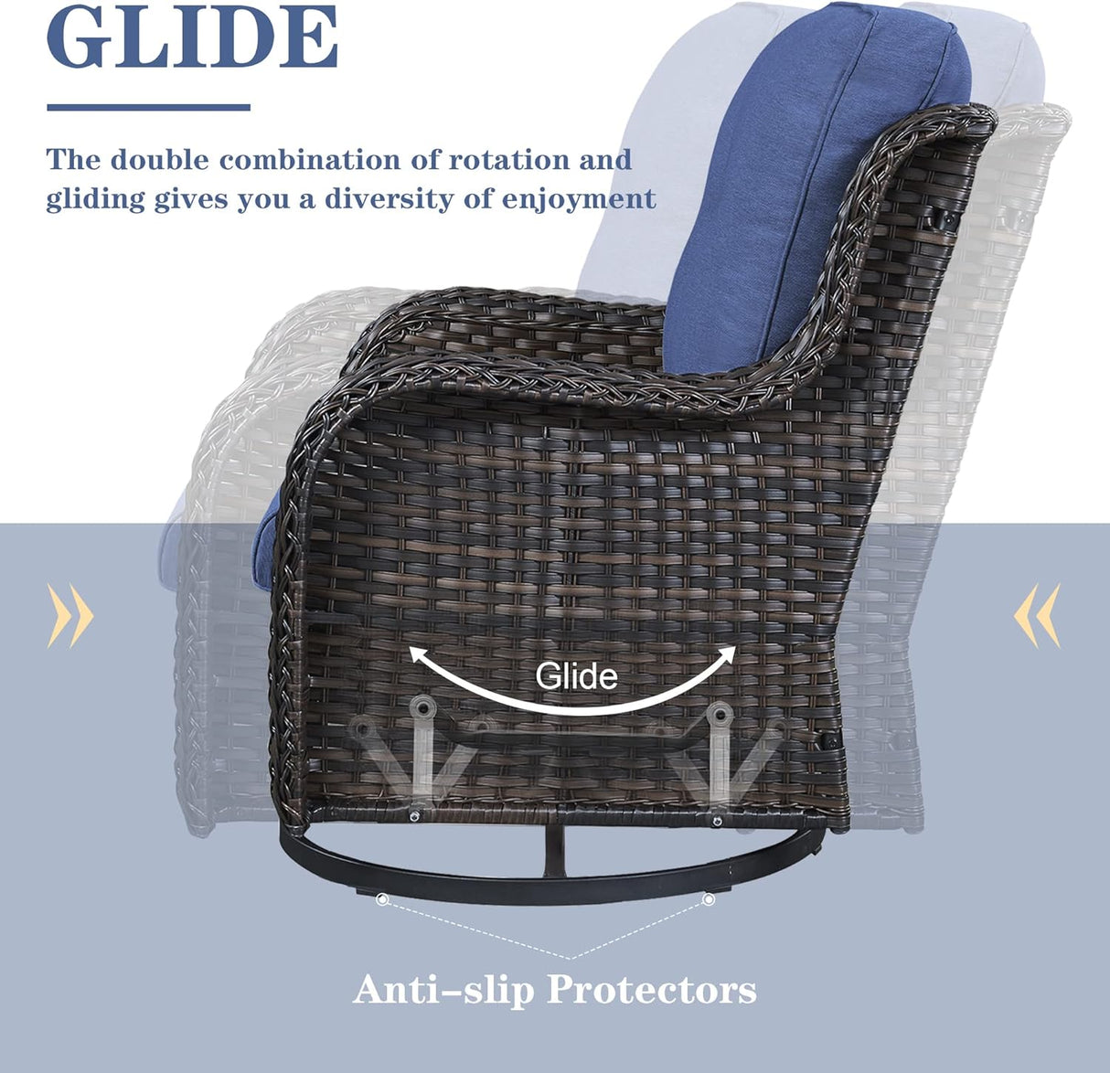 Belord Juego de sofá seccional para exteriores con mesa para fogata de propano, juego de conversación de mimbre para patio con 2 sillas giratorias mecedoras, cojín azul, perfecto para reuniones
