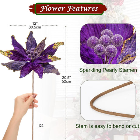 Flores Poinsettia Artificial Briful 12'' Set de 4 para Decorar