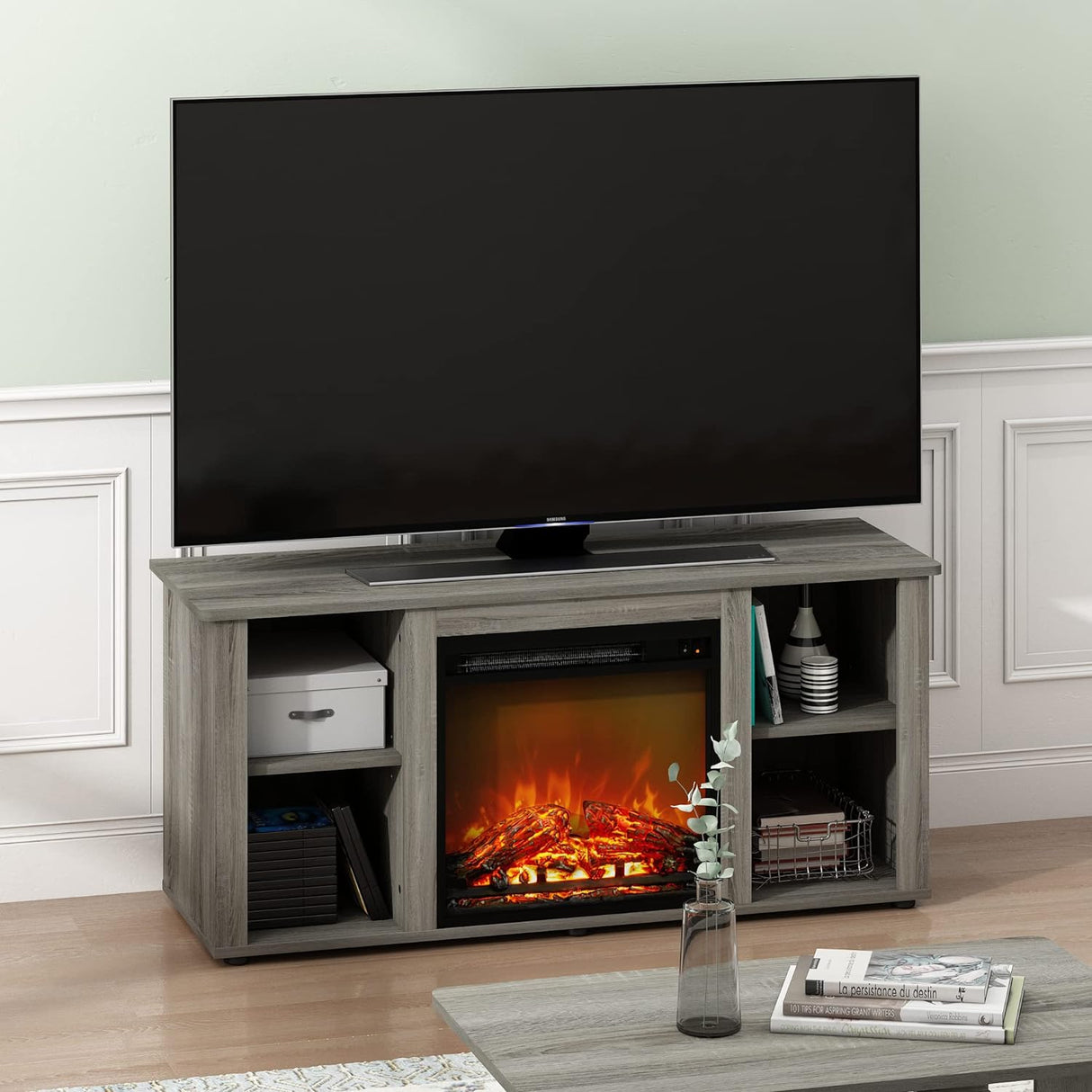 Soporte para TV con chimenea y almacenamiento, Jensen