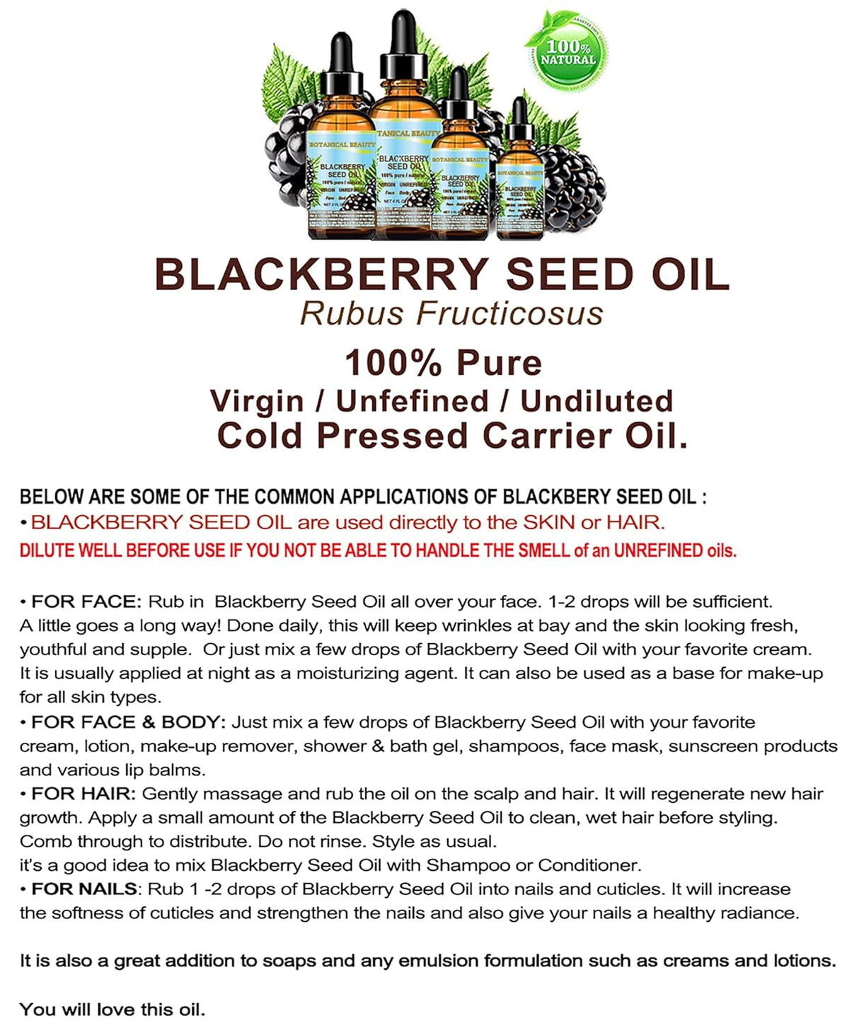Aceite de Semilla de Mora Virgen Natural para Cara, Piel y Cabello