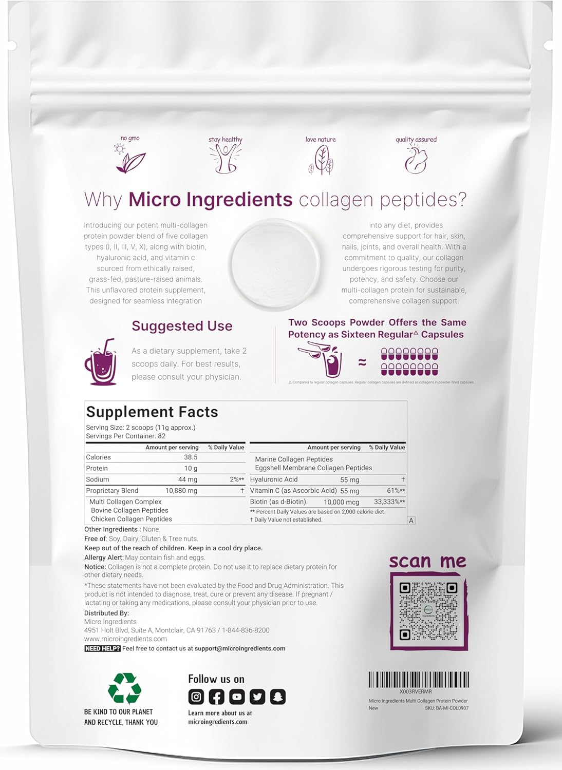 Suplemento Polvo de proteína de colágeno múltiple, 2 libras