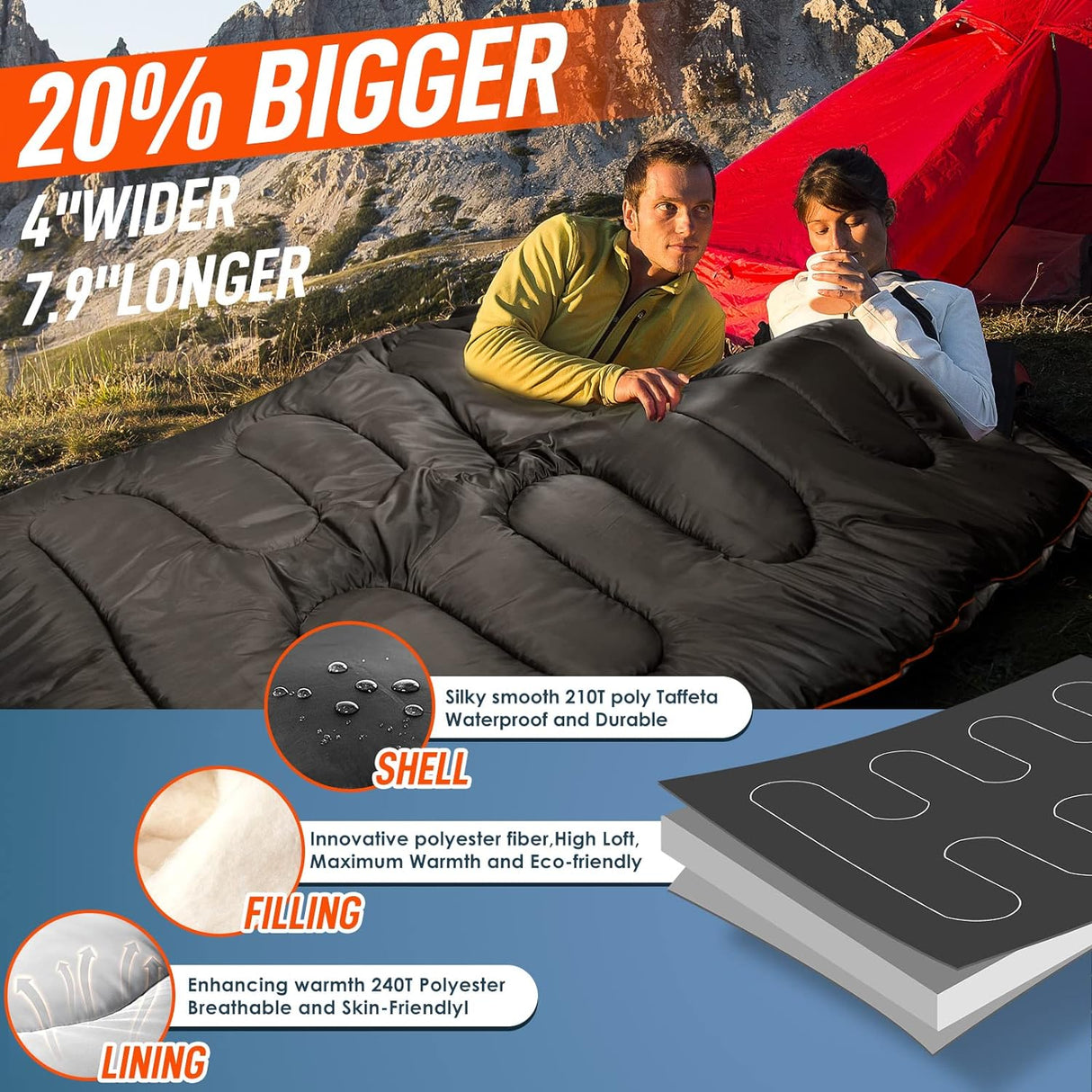 Saco de Dormir Doble XL para Adultos, Clima Frío y Cálido