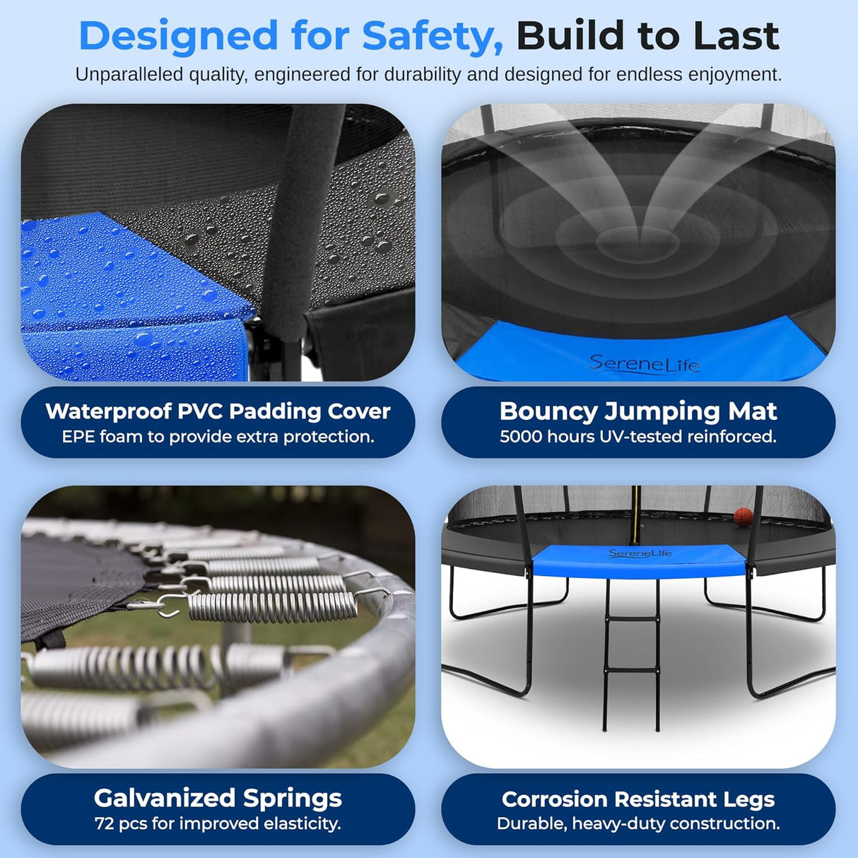 Trampolín SereneLife 8FT-14FT con red, escalera y aro de baloncesto