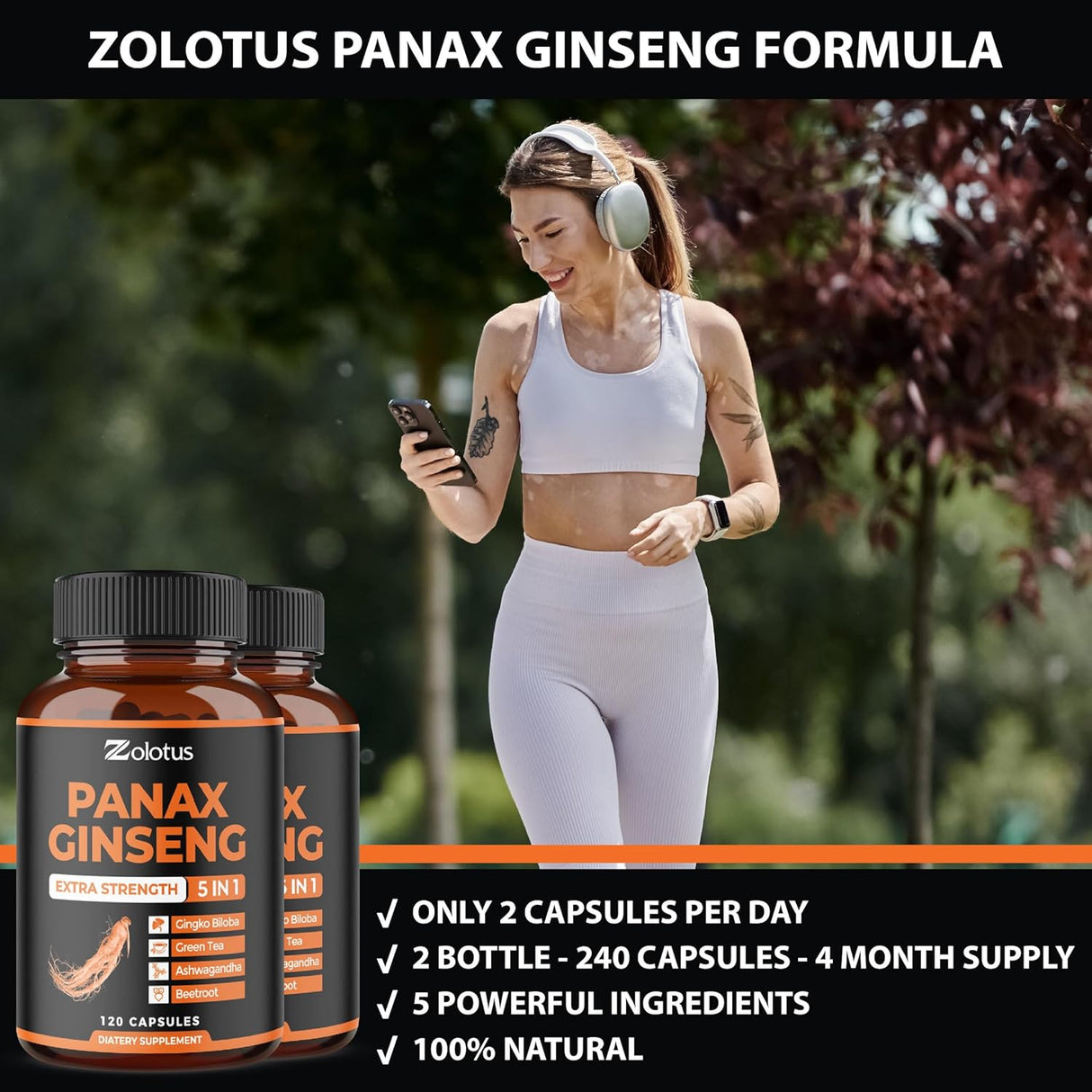 Zolotus Ginseng y Ginkgo Biloba, 240 Cápsulas, Energía y Enfoque