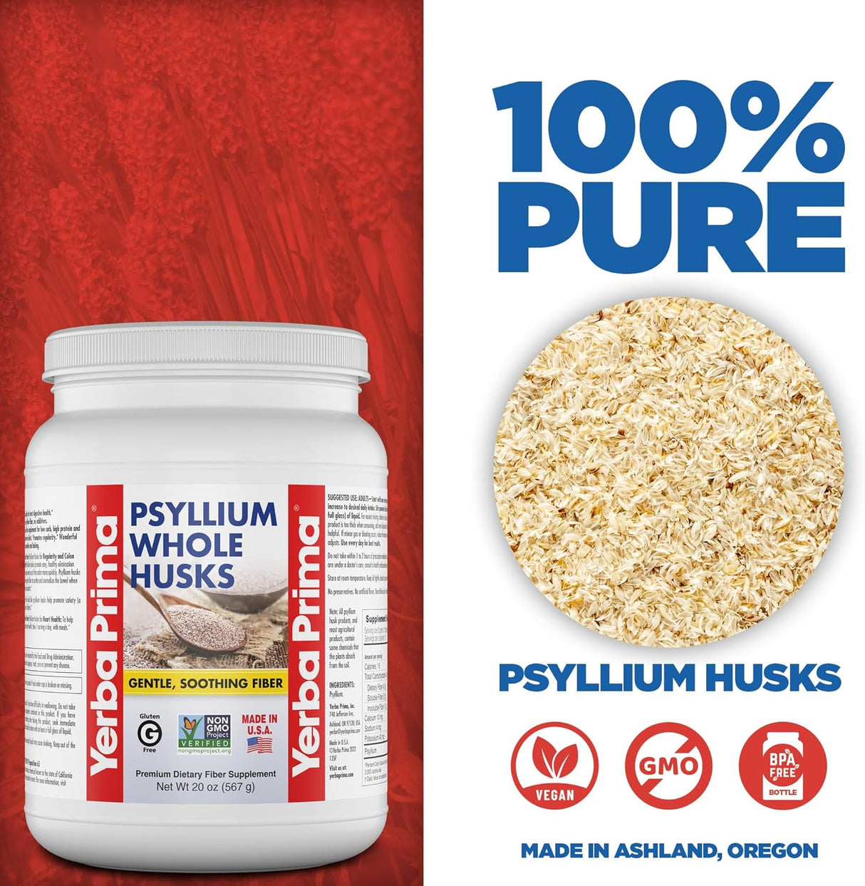 Suplemento de fibra Psyllium Yerba Prima - 20oz, vegano y sin gluten