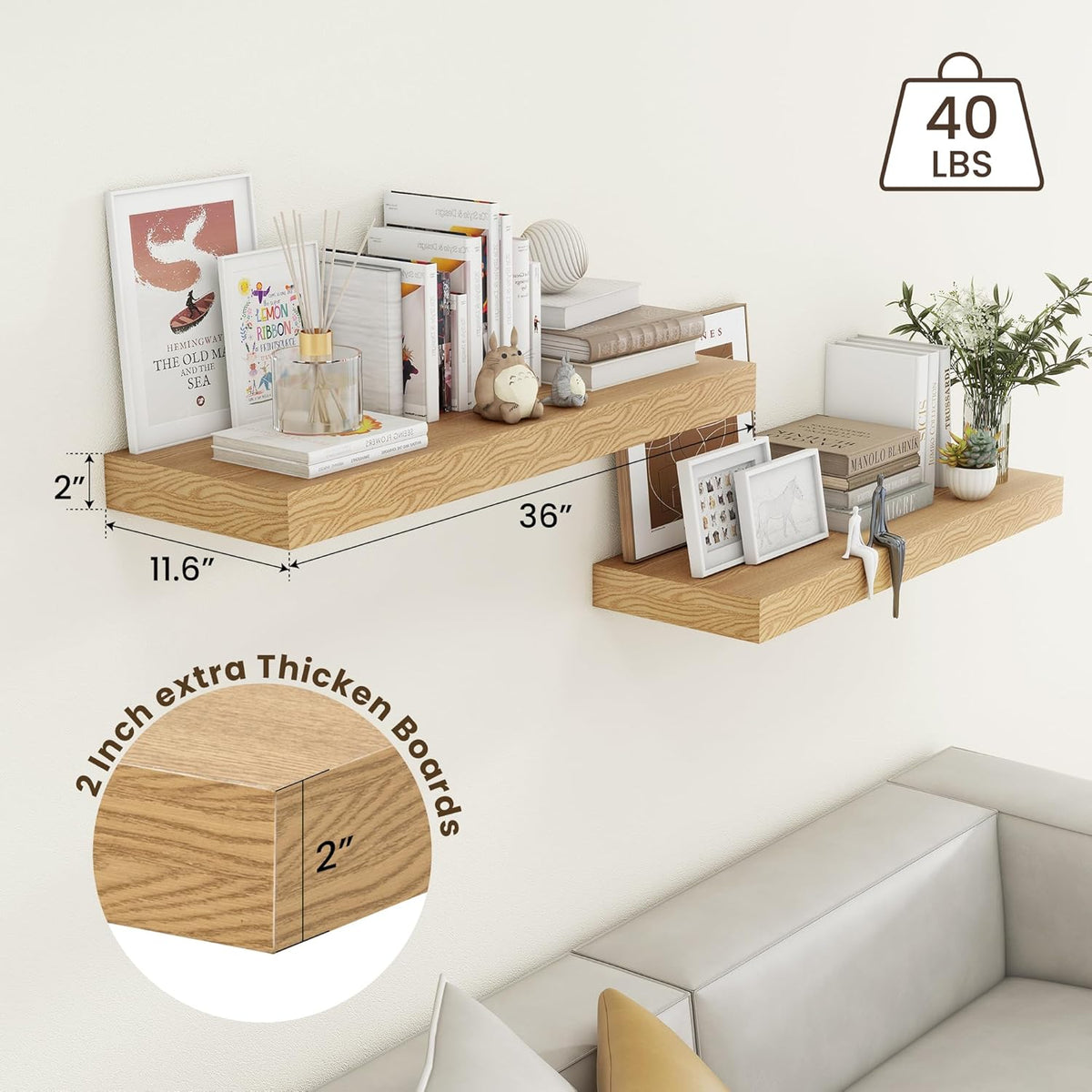Estanterías Flotantes Profundas, Juego de 2, 36x12, Roble