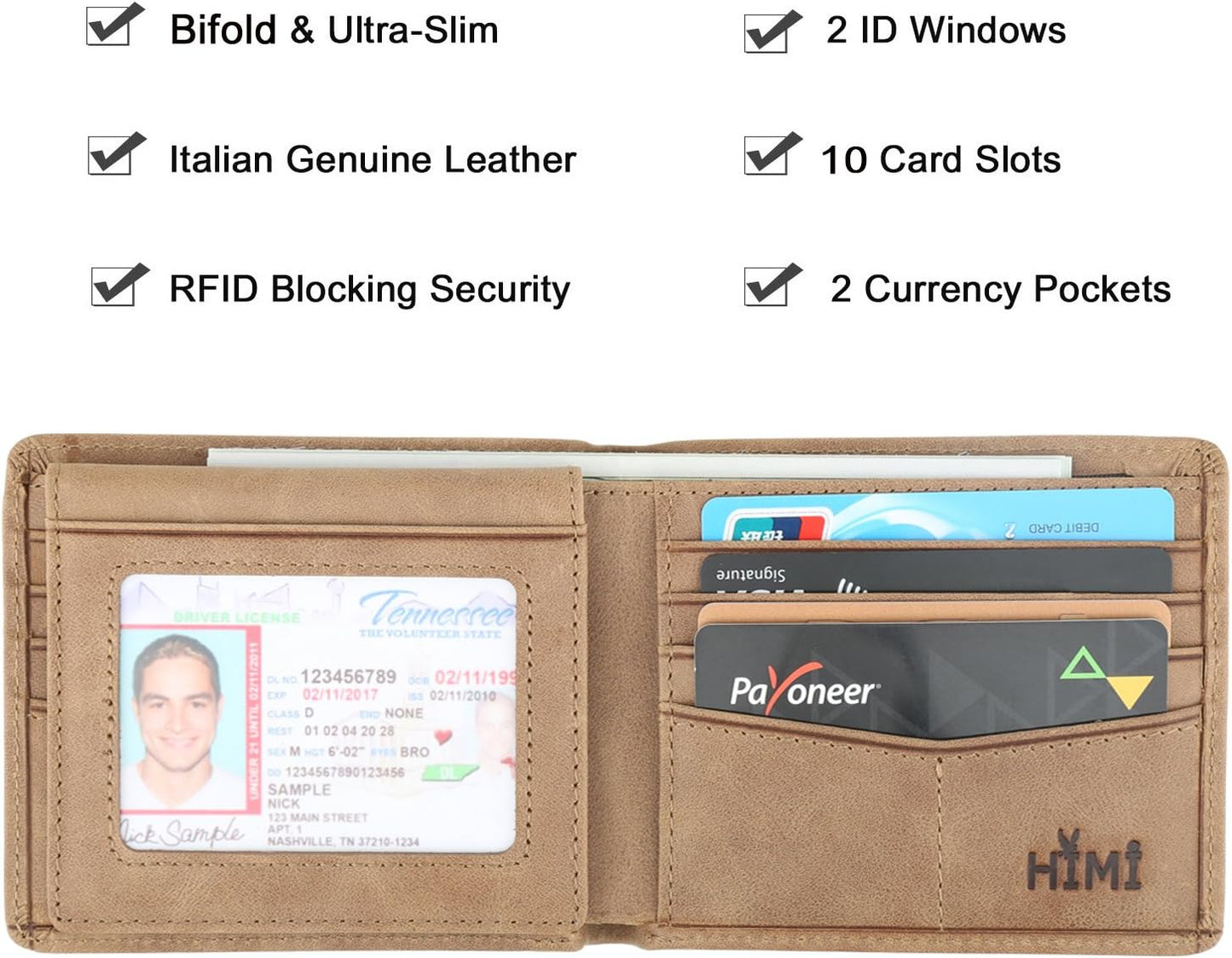 Billetera de Cuero para Hombre - RFID, Bifold, 2 Ventanas ID