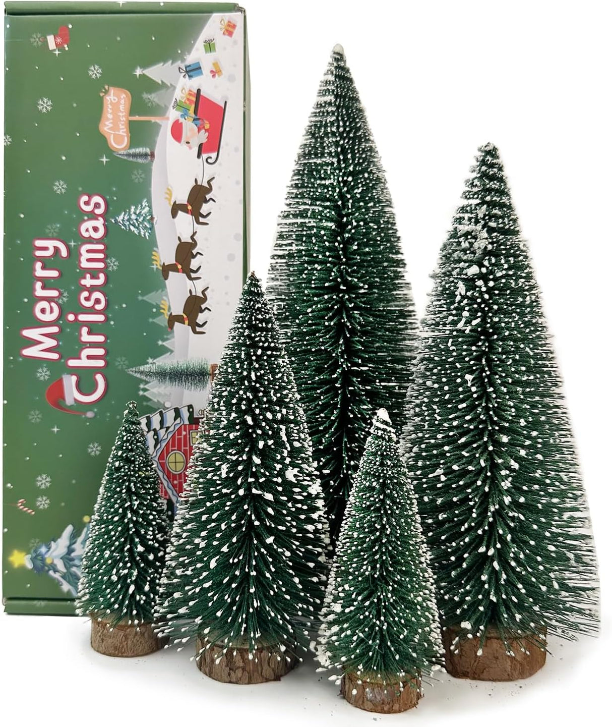 5 PCS Árboles de Navidad de Cepillo con Base de Madera
