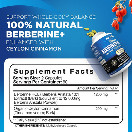 Berberina HCL 1200mg + Canela Orgánica Sistema Inmunológico