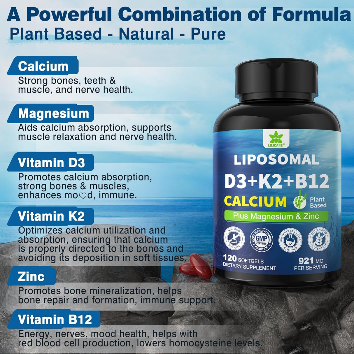 Suplemento de Calcio 6 en 1 - Vegano, 600mg, D3 K2, 1 Pack