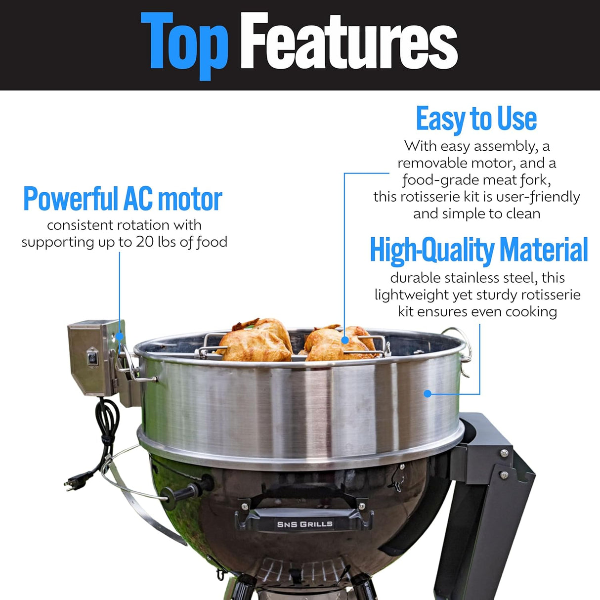 Kit de Rotisserie SnS Grills para Parrillas Kettle de 22