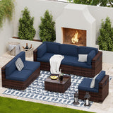 UDPATIO Juego de muebles de patio, muebles modulares de ratán para exteriores, juego de muebles seccionales de mimbre para patio trasero, cubierta, junto a la piscina con mesa de centro de cristal, 7 piezas, azul (incluye funda de sofá)