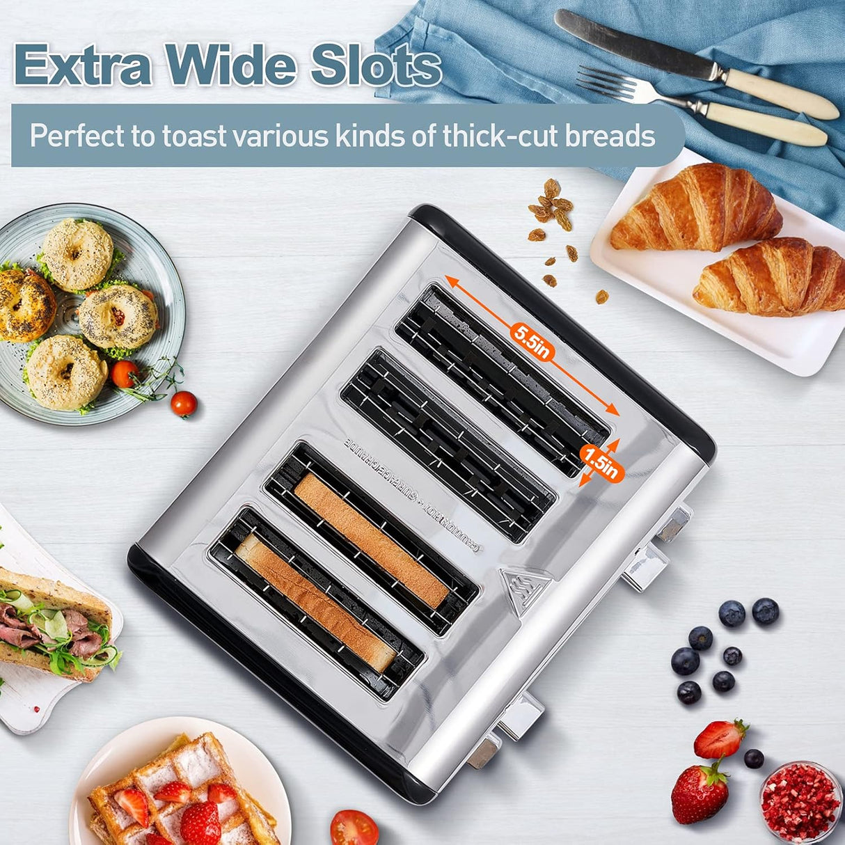 CUSIMAX Tostadora de 4 rebanadas, acero inoxidable, pantalla LED ultra clara y ranuras extra anchas, con paneles de control dobles de 6 ajustes de sombra, función de cancelación/bagel/descongelación, bandejas extraíbles para migas, color negro