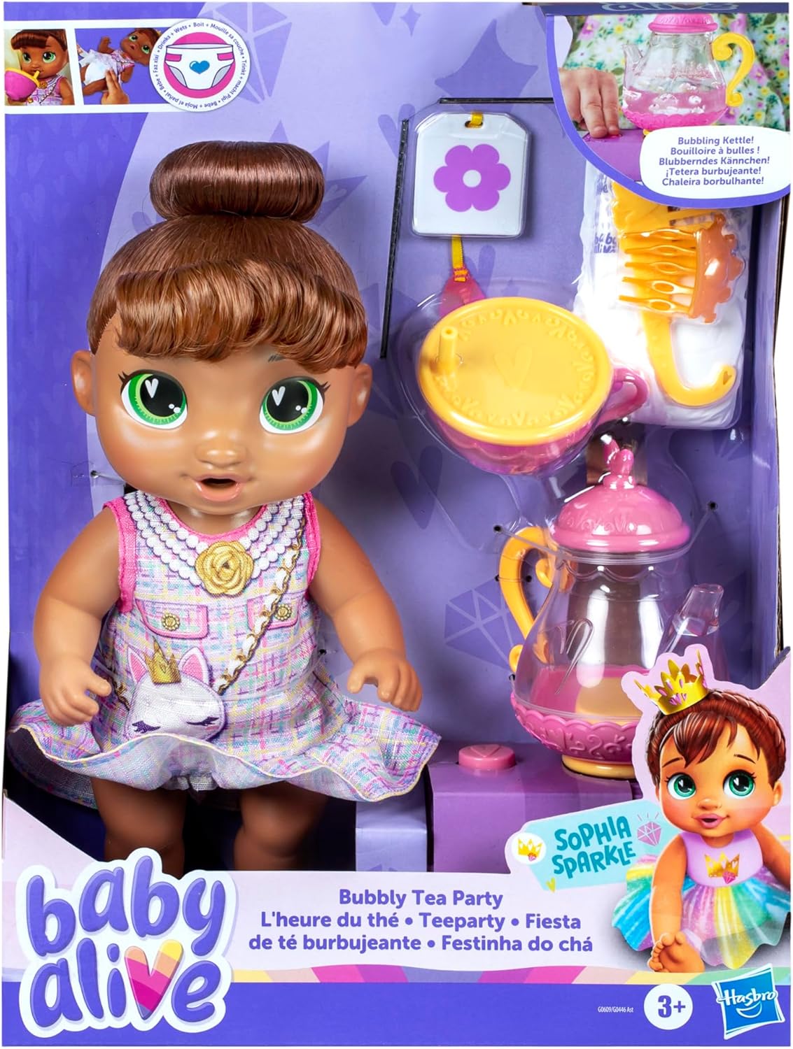 Baby Alive Bubbly Tea Party Sophia Sparkle Muñeca con Accesorios, 11 Pulgadas