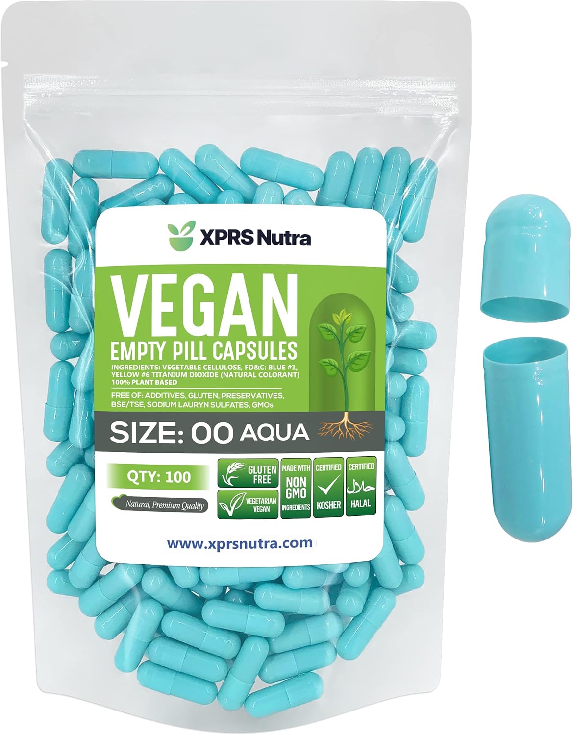 Suplemento Tamaño 00  píldoras vacias vegetarianas gel Aqua