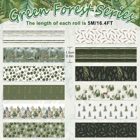 Whaline 12 rollos de cinta Washi de bosque de Navidad, acuarela, bosque, vegetación, plantas, árboles verdes, cinta adhesiva decorativa para Navidad, álbumes de recortes, diario, calendario, manualidades, envoltura de regalos