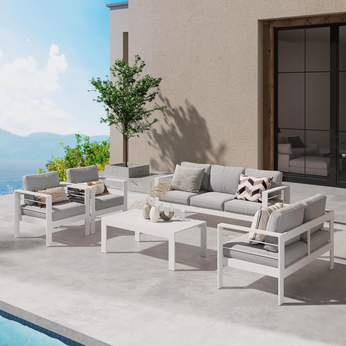 Wisteria Lane Juego de muebles de patio de aluminio para exteriores, modernos juegos de conversación de patio, sofá modular de metal para exteriores con cojín de 5 pulgadas y mesa de centro para balcón, jardín, gris claro