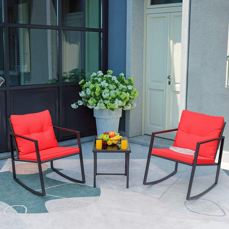 Greesum Juego de 3 piezas de mimbre mecedor, juegos de conversación de muebles de patio al aire libre con sillas de porche y mesa de café de cristal, color rojo