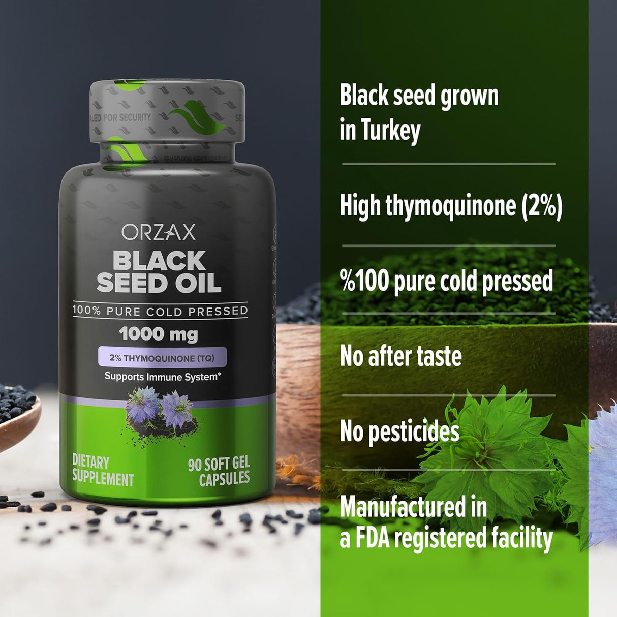 Aceite de Semilla Negra 100% Puro ORZAX, Omega 3 6 9, 90 Cápsulas