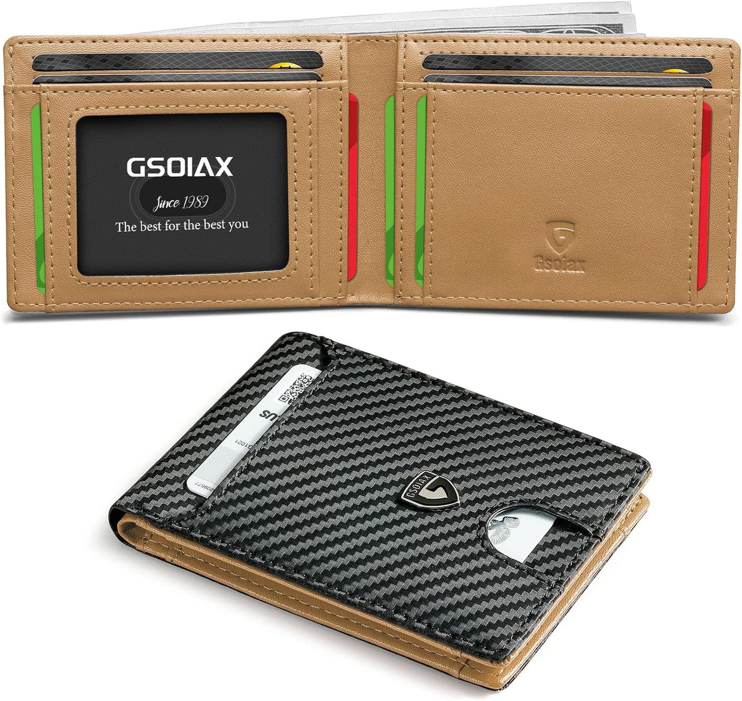 Billetera Slim GSOIAX con bloqueo RFID, cuero genuino, bifold