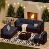 UDPATIO Juego de muebles de patio, muebles modulares de ratán para exteriores, juego de muebles seccionales de mimbre para patio trasero, cubierta, junto a la piscina con mesa de centro de cristal, 7 piezas, azul (incluye funda de sofá)