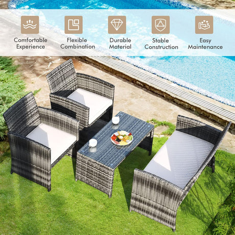 Goplus Juego de muebles de ratán de 4 piezas, sofá de conversación de mimbre para exteriores con cojines resistentes a la intemperie y mesa de vidrio templado para césped, patio, piscina, jardín (beige)