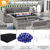 LayinSun Juego de muebles de patio de 8 piezas con mesa de fuego de gas propano de 44 pulgadas, juego de conversación seccional al aire libre, juego de sofá de mimbre de ratán con mesa auxiliar de almacenamiento y mesa auxiliar