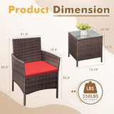 Flamaker Juego de muebles de patio de 3 piezas de ratán para todo tipo de clima, sillas de patio con mesa de vidrio templado para porche, bistró y balcón (marrón/rojo)