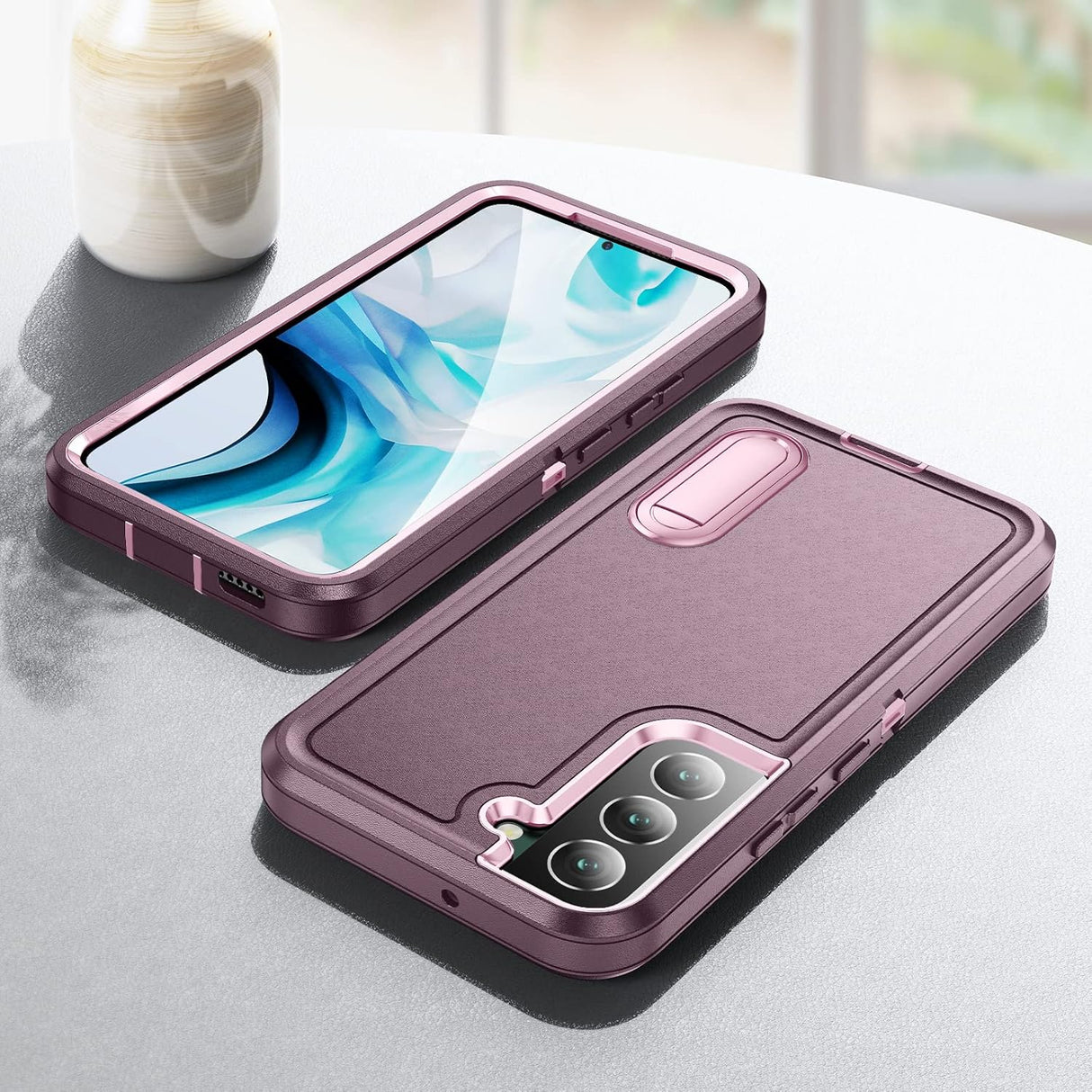 BaHaHoues Funda para Samsung Galaxy S22, Samsung S22 con soporte integrado, a prueba de golpes, polvo, caídas, grado militar, para Galaxy S22 5G de 6.1 pulgadas (morado nocturno/rosa bebé)