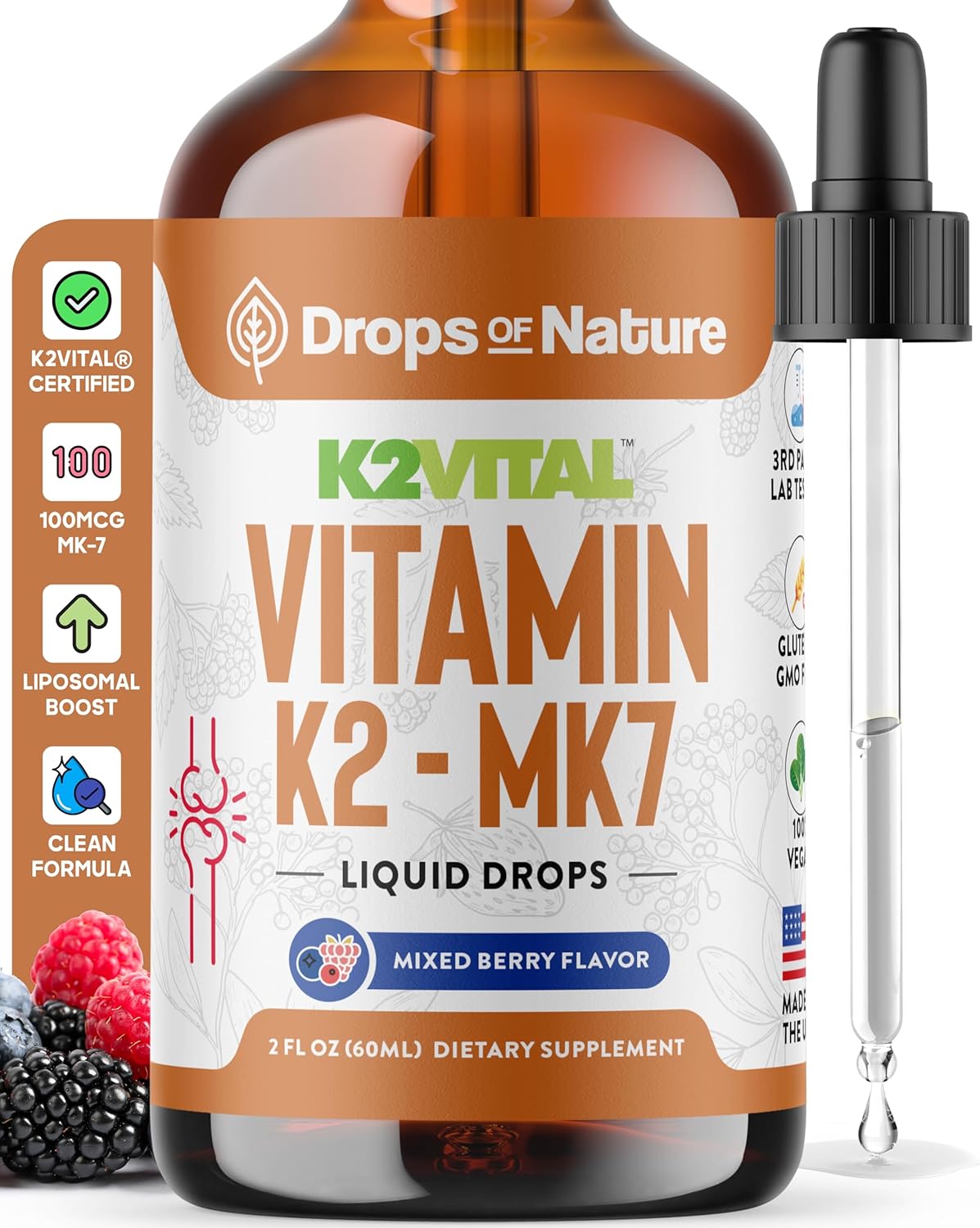 Suplemento líquido de K2 MK7, vegano, no GMO, 60ml