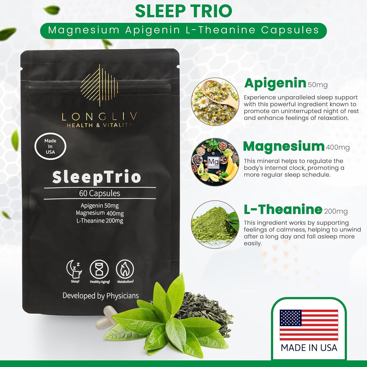 Cápsulas de magnesio y apigenina L-teanina Sleep Trio