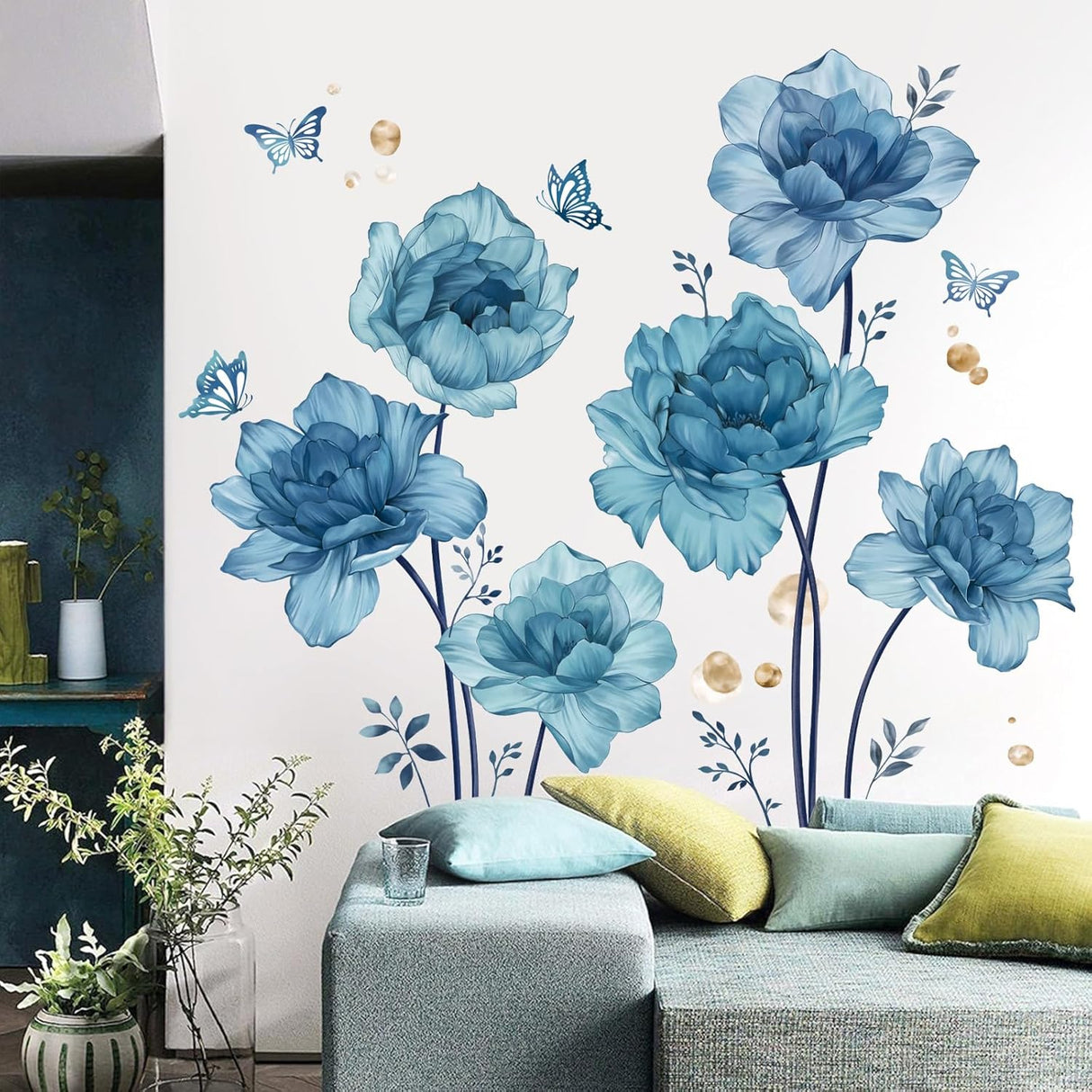 Pegatinas de Pared Florales Wondever, Piones y Mariposas, Modelo Floral