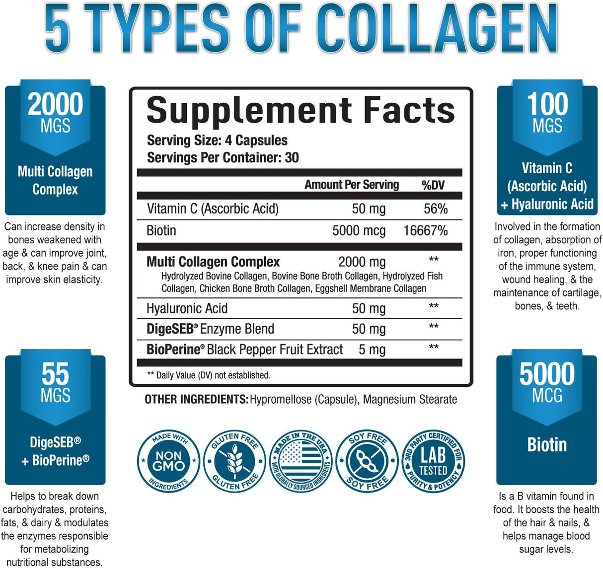 Collagen Multi Peptides Pills, belleza y salud, 120 cápsulas