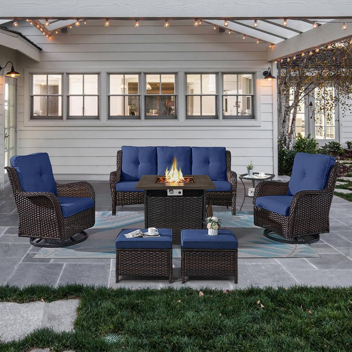 Belord Juego de muebles de patio al aire libre con mesa para fogata de propano, 7 piezas de mimbre para patio con 2 sillas giratorias mecedoras deslizantes, sofá de ratán, cojín azul, perfecto para