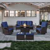 Belord Juego de muebles de patio al aire libre con mesa para fogata de propano, 7 piezas de mimbre para patio con 2 sillas giratorias mecedoras deslizantes, sofá de ratán, cojín azul, perfecto para