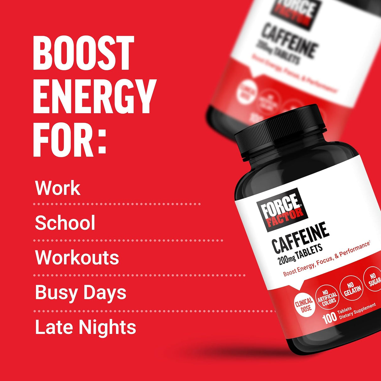 Píldoras de cafeína 200mg Force Factor, energía y enfoque
