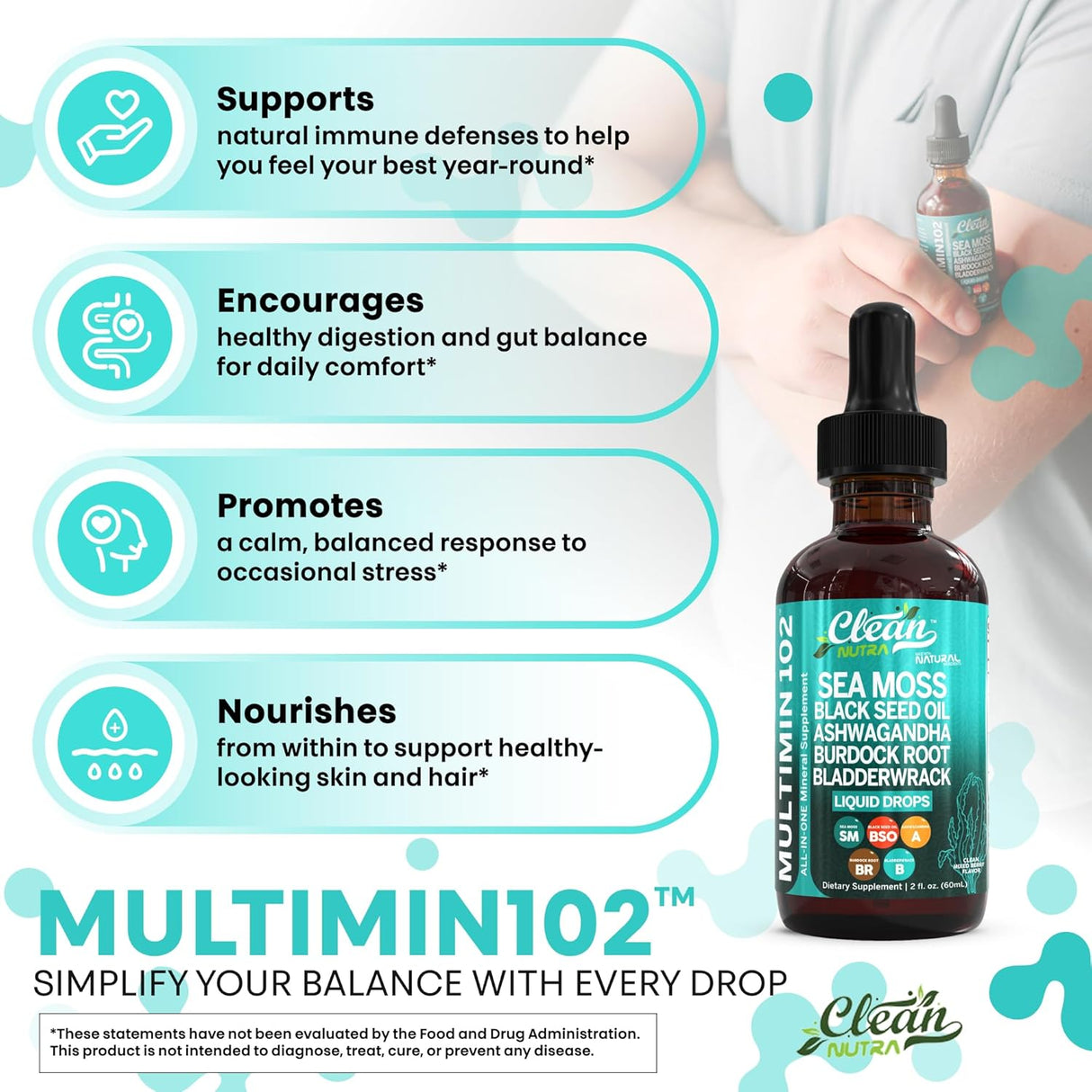 Clean Nutra Sea Moss Drops, Orgánico, Multimineral, Vegano, 60ml