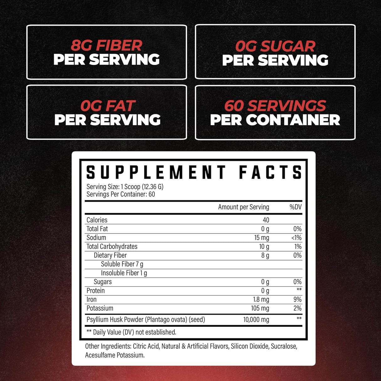 Suplemento de Fibra Huge, 10g Psyllium, Salud Digestiva, 60 Serv.