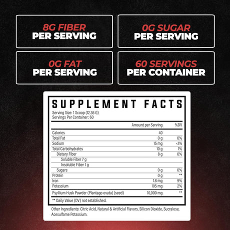 Suplemento de Fibra Huge, 10g Psyllium, Salud Digestiva, 60 Serv.