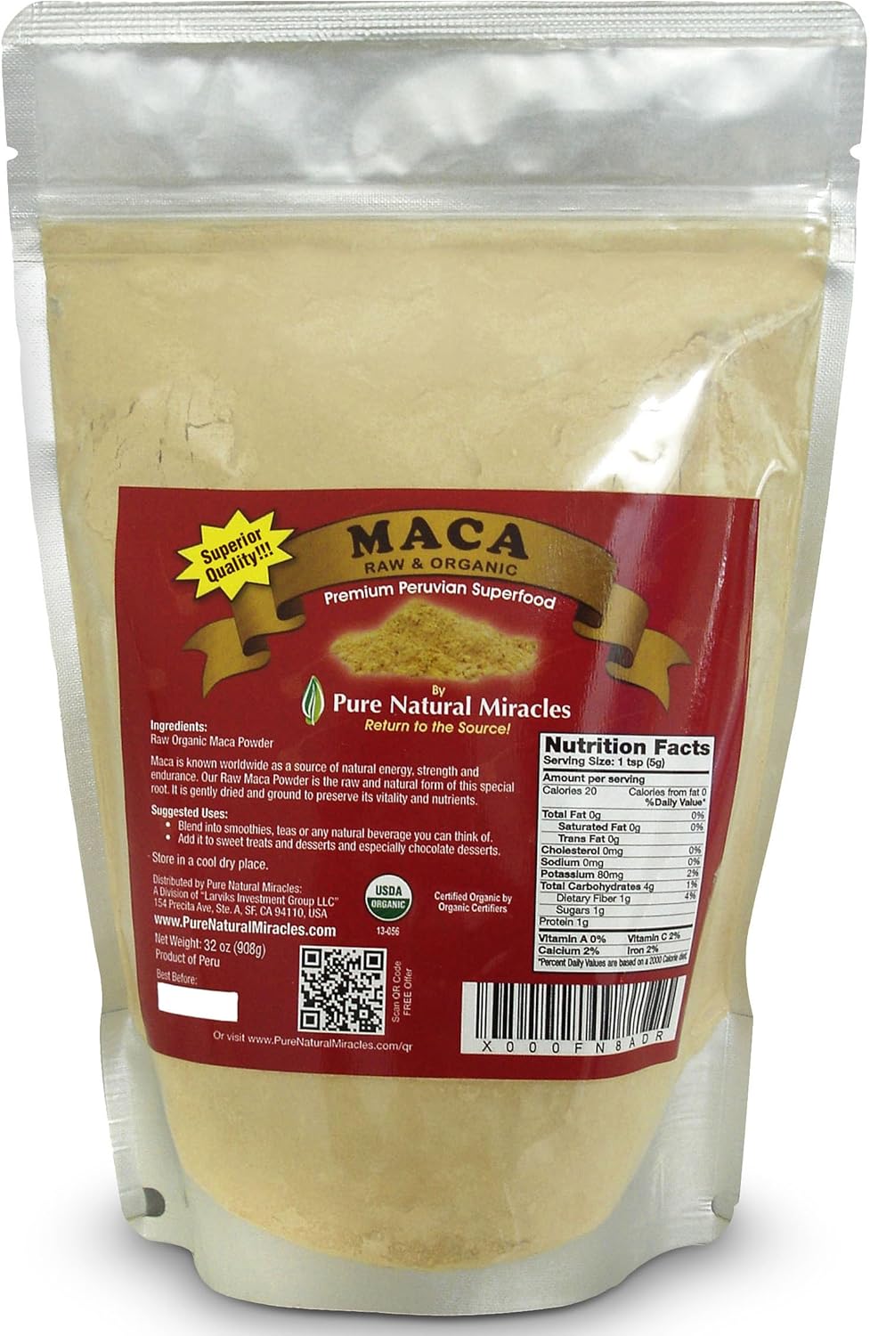 Maca Peruana Orgánica en Polvo - Energía y Hormonas - 16oz